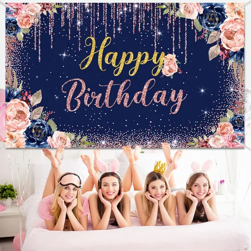 Miniatura 7 de Decoraciones de fondo de feliz cumpleaños para mujeres, suministros de fiesta, telón de fondo de rosa, fotografía para niñas y niños, pancarta