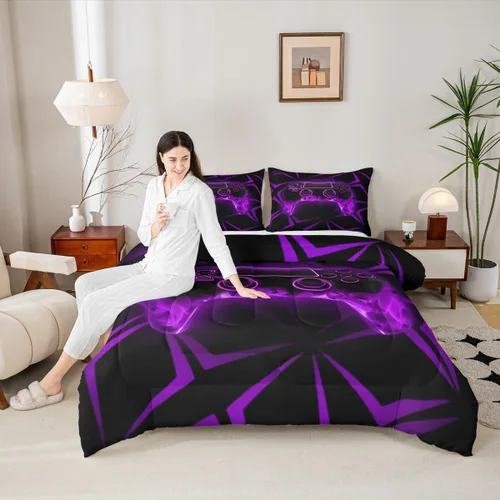 Miniatura 18 de Manfei Juego de edredón moderno de 2 piezas con estampado de consola de videojuegos de panal azul con 1 funda de almohada, juego de ropa de cama