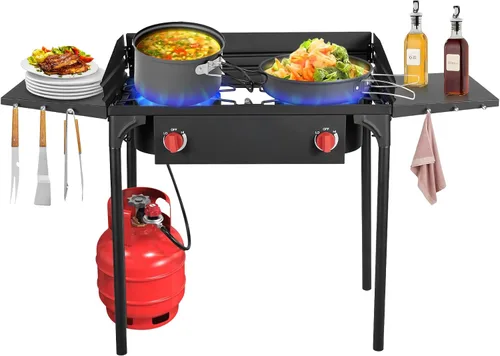Miniatura 8 de Estufa de gas de 2 quemadores Llamaviva, estufa de propano al aire libre con estantes laterales, patas removibles y regulador, quemadores de propano