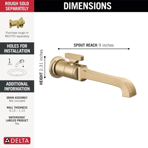 Miniatura 3 de Delta Tetra - Grifo de baño de montaje en pared de 1 agujero, dorado cepillado de un solo orificio para tocador, bronce champán T3589LF-CZ-PR-WL