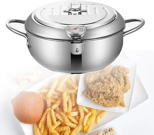Miniatura 5 de Olla de acero inoxidable, sartén de aceite con termómetro, freidora de fondo plano desmontable de 7.9 in/9.4 in para anillos de calamar perfectos