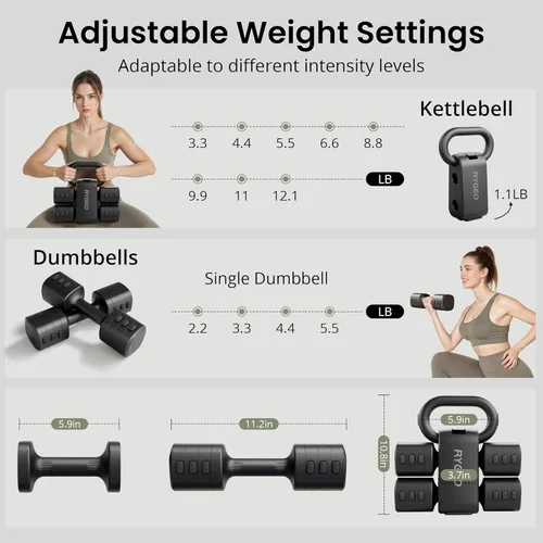Miniatura 4 de Juego de mancuernas ajustables 2 en 1 para mujer, 4 niveles (2.2 libras a 12.1 libras), pesas de gimnasio en casa para mujeres en casa, mancuernas
