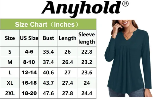 Miniatura 4 de Anyhold Blusa de manga larga para mujer, cuello en V, casual, plisada, básica