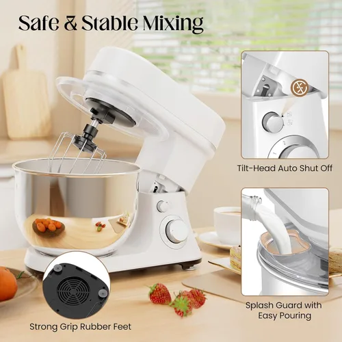 Miniatura 6 de Batidora de pie de 800W con tazón de 5.3QT, 6 velocidades con pulso, batidora eléctrica de cocina, batidora de alimentos con gancho para masa, Blanco