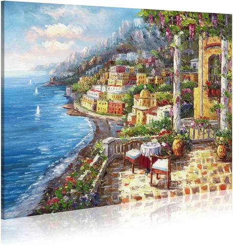 Pintura de Italia lienzo al óleo arte de la pared: arte mediterráneo de paisaje urbano italiano, imagen de mar italiano, decoración moderna de la