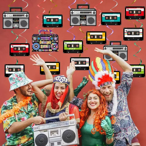 Miniatura 7 de 72 piezas de decoraciones de fiesta temática de los años 90, remolinos colgantes de los años 80, cinta grabadora de música de los años 80, remolinos