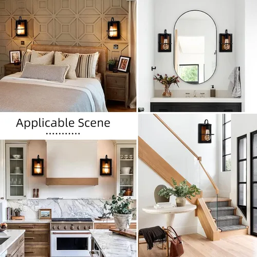 Miniatura 5 de Apliques de pared estilo granja, iluminación de pared industrial moderna en interior con base E26 color madera falso acabado negro mate, lámpara