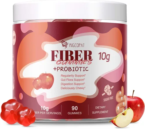 Gominolas de fibra Migcopat con probióticos, 10 g de fibra por porción, sin azúcar añadida sabor a manzana, con mezcla de 10 mil millones de UFC de
