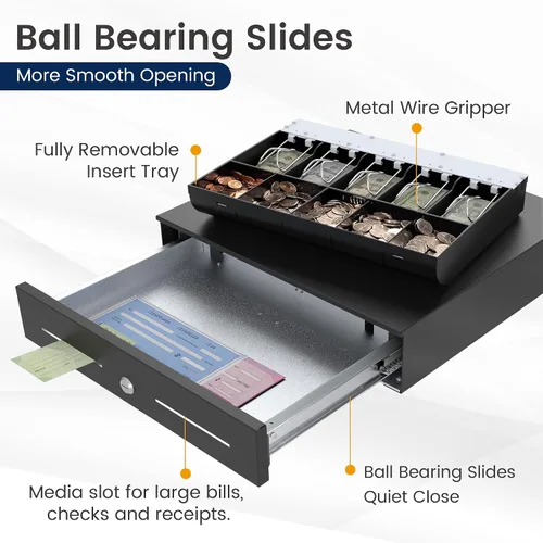 Miniatura 4 de Cajón de caja de 18 pulgadas de alta capacidad: bandeja extraíble de 5 billes/5 monedas, apertura electrónica automática, cable RJ11/12, 24 V, Negro