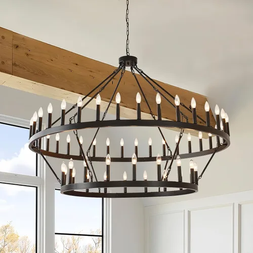 Miniatura 7 de Candelabro de iluminación de rueda de carro, 6 luces con pantalla de vidrio semillado, lámpara redonda de madera para cocina, isla de vestíbulo