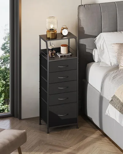 Miniatura 2 de WLIVE Cómoda de tela negra para dormitorio, mesita de noche alta con 5 cajones y 2 estantes abiertos, moderno organizador de mesita de noche, mesita