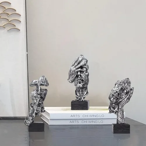 Miniatura 3 de aboxoo 3 piezas de estatua de pensador, Silence is Gold - Figura de arte abstracto, no escuchar, no ver, no hablar, esculturas modernas de resina
