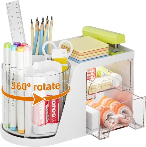 Organizador de escritorio Marbrasse con 2 cajones, soporte para bolígrafos giratorio 360°, organizadores de escritorio y accesorios con organizador