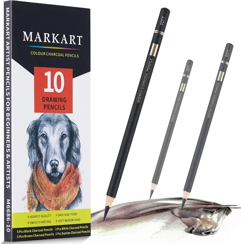 Miniatura 9 de MARKART Lápices de carbón para dibujar, paquete de 10 lápices de carbón blanco y negro para bocetos, sombreado, mezcla, lápiz de artista