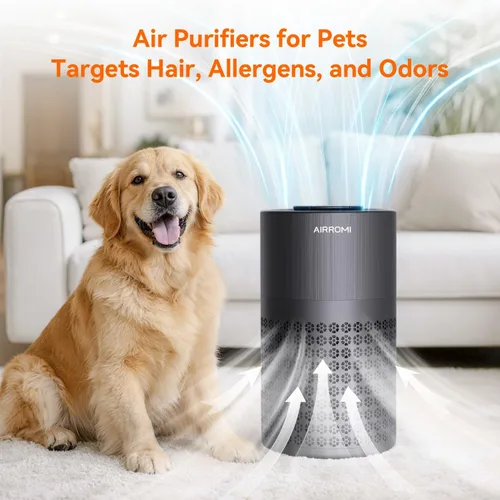 Miniatura 7 de Purificador de aire AIRROMI para dormitorio con filtro HEPA 3-en-1, purificador de aire para mascotas para el olor a orina de gato en el hogar, Negro