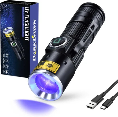 Miniatura 9 de DARKDAWN Linternas de luz UV de 395 nm USB recargable ultravioleta LED luz negra mini lámpara de madera portátil para detección de orina de gatos