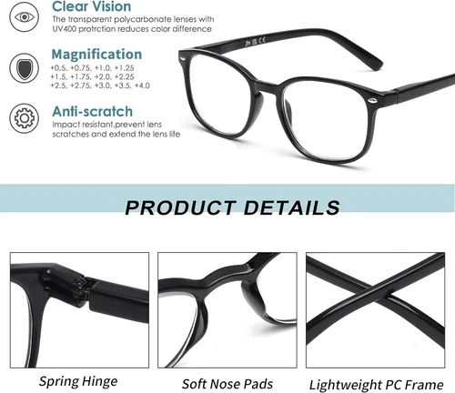 Miniatura 5 de JM Juego de 4 lentes de lectura con bisagra de resorte de calidad, para hombres y mujeres, Paquete de 4 (negro, azul marino, tortuga, tortuga gris)