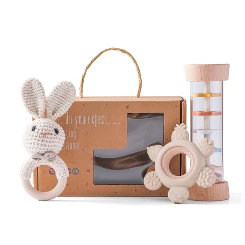Youuys Juego de sonajeros de madera para bebés (3 piezas) – Sonajero de ganchillo, juguete Montessori de madera para bebé recién nacido, sonajeros