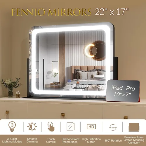 Miniatura 6 de FENNIO - Espejo de tocador con luces, espejo de maquillaje iluminado LED, pantalla táctil con 3 modos de iluminación, regulable, para mesa