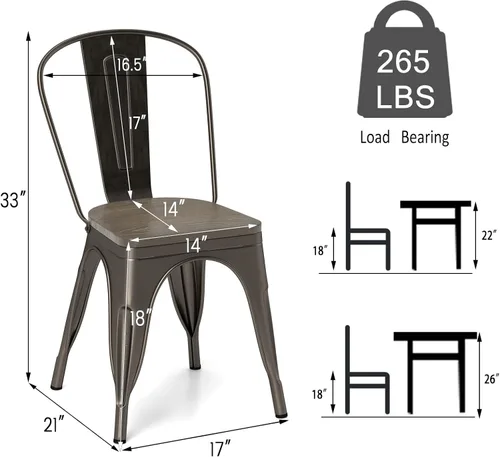 Miniatura 3 de NAFORT Juego de 4 sillas de comedor de estilo industrial, sillas de metal apilables de 18 pulgadas con respaldo alto, asiento de madera