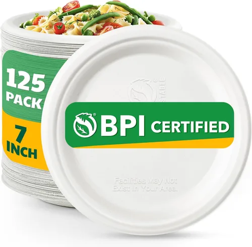 Miniatura 8 de Biodegradable Bagasse - 125 platos de papel compostables, platos desechables resistentes de 6 pulgadas, platos de postre a granel para fiestas