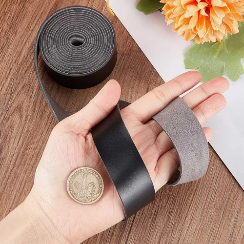 Miniatura 3 de GORGECRAFT Tira de correa de cuero de 1 pulgada de ancho 6.6 ft de largo de grano de cuero negro, cordón plano de una sola cara para manualidades