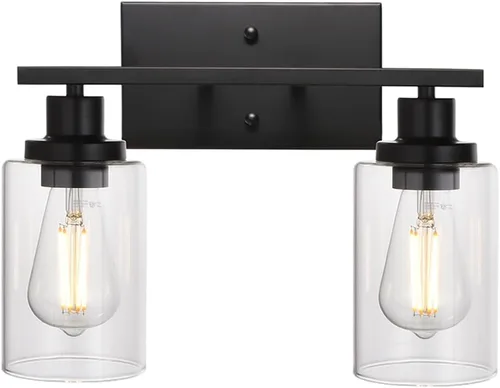 MELUCEE Aplique de pared negro industrial vintage de 2 luces con pantalla de vidrio transparente y base de metal, luces de tocador de baño, apliques