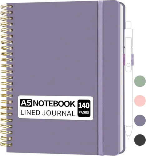 Miniatura 9 de YOXMJDB Cuaderno rayado en espiral, pequeño cuaderno de rayas universitarias A5 con soporte para bolígrafo, cuaderno de tapa dura de 140 páginas
