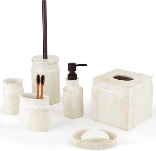 Miniatura 12 de Creative Scents Juego de accesorios de baño rústico de lujo completo - Set de 4 piezas de dispensador de jabón beige para baño incluye: dispensador