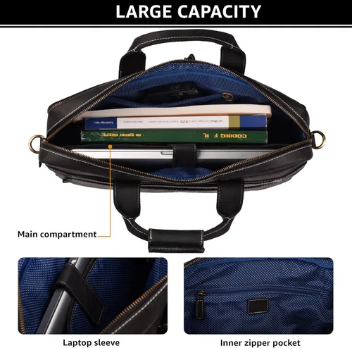 Miniatura 6 de LEATHER VILLAGE 16" Bolsa de Mensajero para Laptop de Cuero para Hombres - Bolso de Hombro de Cuero para Viaje y Oficina - Negro