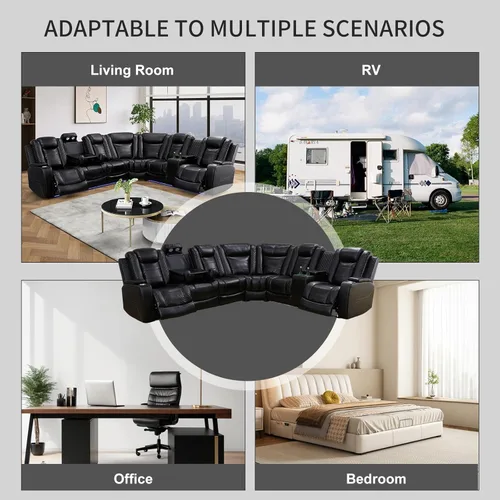 Miniatura 7 de Sofá modular reclinable eléctrico para sala de estar, moderno juego de sofá modular de cuero negro en forma de L, juego de sofá reclinable