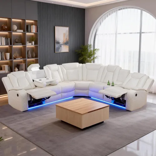 Miniatura 8 de Juego de sofá reclinable eléctrico, juegos de muebles de sala de estar, juego de sofá modular de cuero con luces LED, portavasos, consola