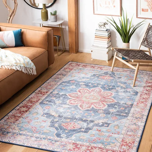 Miniatura 8 de SAFAVIEH Alfombra lavable Tucson Collection - 2 pies 6 pulgadas x 4 pies, azul y resistente al óxido, antideslizante, ideal para zonas de alto