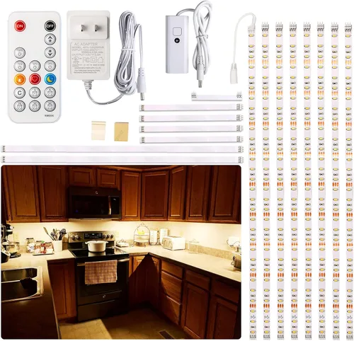 WOBANE Iluminación debajo del gabinete, 8 tiras de luces LED con control remoto y adaptador de 24 W, cinta de luz ultra brillante de 240 LED para