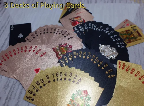 Miniatura 4 de 3 barajas de cartas impermeables de plástico para jugar cartas de póquer, color negro y oro rosa, cartas temáticas estándar de póquer impermeables