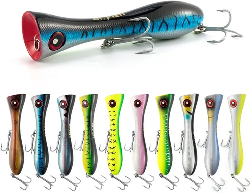 Miniatura 7 de Dr.Fish Topwater Popper Señuelos de pesca de agua salada, 8 pulgadas GT Popper VMC anzuelos agudos señuelos de pesca de surf para Striper Atún