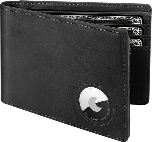 LORZOR Billetera de AirTag para hombre, billetera plegable de cuero de grano completo para hombre con soporte para AirTag, cartera de bloqueo RFID