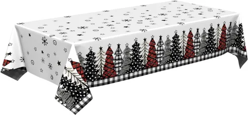 Miniatura 7 de Horaldaily 1 paquete de mantel desechable de Navidad, cubierta de mesa rectangular de plástico con árboles de nieve para decoración de fiesta