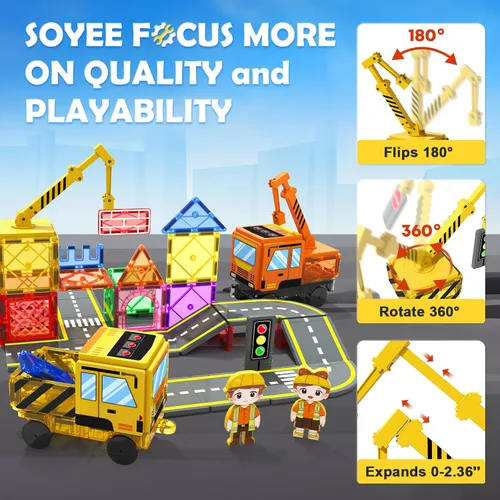Miniatura 5 de Soyee 102 azulejos magnéticos con 2 autos y 2 grúas imán, construcción de juguetes para niños para juego creativo y aprendizaje STEM para niños