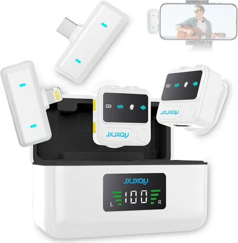 Miniatura 8 de Micrófono Lavalier inalámbrico para iPhone: micrófono JXJXQU con reducción de ruido inteligente, efecto de reverberación, batería de 30 H+, diseño