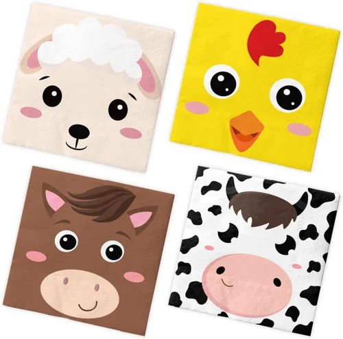 40 servilletas de animales de granja, decoración de fiesta temática de granja, cerdo, vaca, caballo, pollito, animales, servilletas de papel