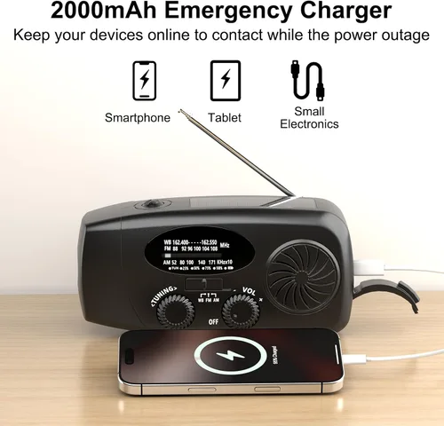 Miniatura 3 de Radio de emergencia meteorológica, radio de manivela solar portátil AM/FM/NOAA, cargador de teléfono celular con SOS, linterna LED de 1 W, conector