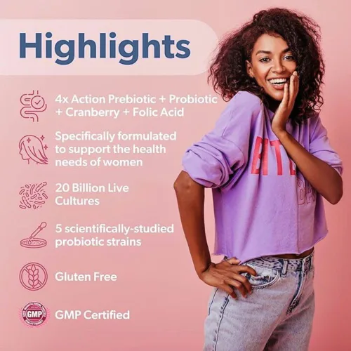 Miniatura 3 de Belle+Bella Probiology Flora Fem - Probióticos diarios para mujeres - Prebiótico de acción 4X + probiótico + arándano + ácido fólico para la salud
