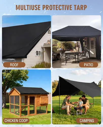 Miniatura 7 de HIRALIY Lona impermeable resistente de 20 mil, lona negra de 7 x 12 pies con bucles de cincha reforzados, lona de tela Oxford multiusos para leña
