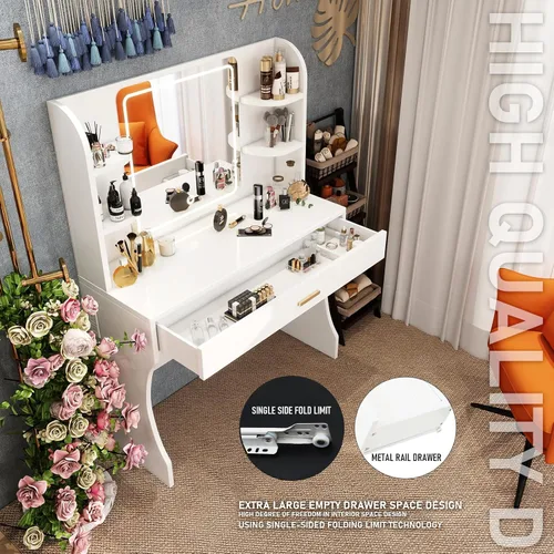 Miniatura 6 de Escritorio de tocador, tocador de maquillaje con espejo y luces, mesa de maquillaje blanca con cajón grande, toma de corriente, eslabones más
