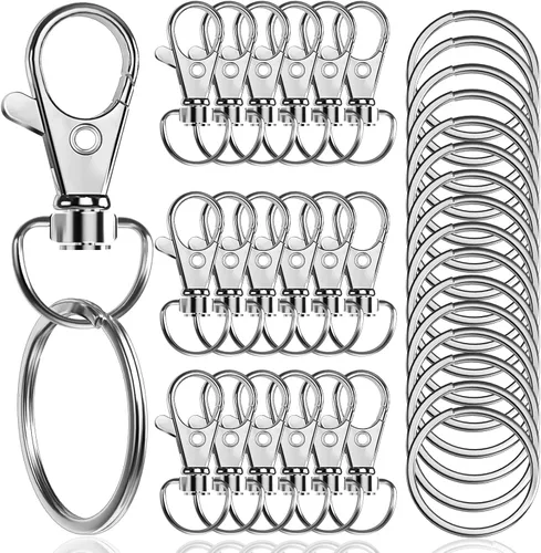 Miniatura 15 de 100 piezas de ganchos giratorios premium con llaveros, cierres de langosta de metal para llaveros de joyería, ganchos de llavero para cordón