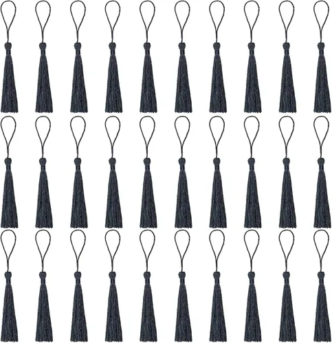 Miniatura 15 de VAPKER 30 borlas negras de 5.1 in/5 pulgadas, sedosas, hechas a mano, suaves, con lazo de cordón de 2 pulgadas para hacer joyas, proyectos