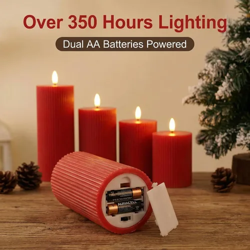 Miniatura 2 de Velas rojas sin llama de Navidad de pilar con control remoto, velas de cera LED estriadas de tapa plana alimentadas por batería, juego de 4 para Rojo