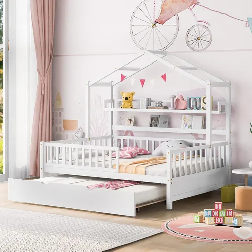 MERITLINE Cama de casa de tamaño matrimonial con nido y estantes de almacenamiento para niños, marco de cama Montessori con rieles de valla y techo