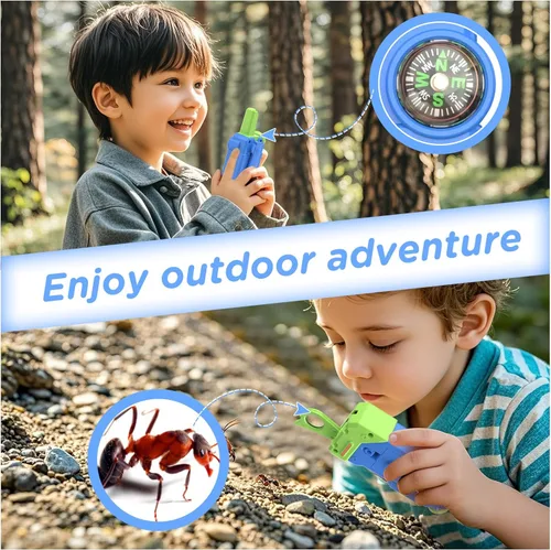 Miniatura 3 de Walkie Talkies para niños, 5 canales coloridos de radio de 2 vías, brújula, linterna y lupa, alcance de 3 millas para juego de aventura, exterior